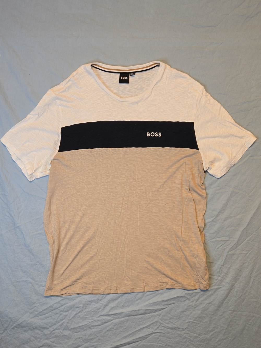 Hugo Boss Colorblock Embroidered Logo Crewneck T-Shirt in White, Black & Tan